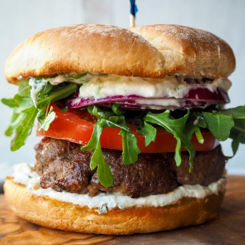 Greek Burger - A Lamb and Beef Patty Smothered in Tzatziki